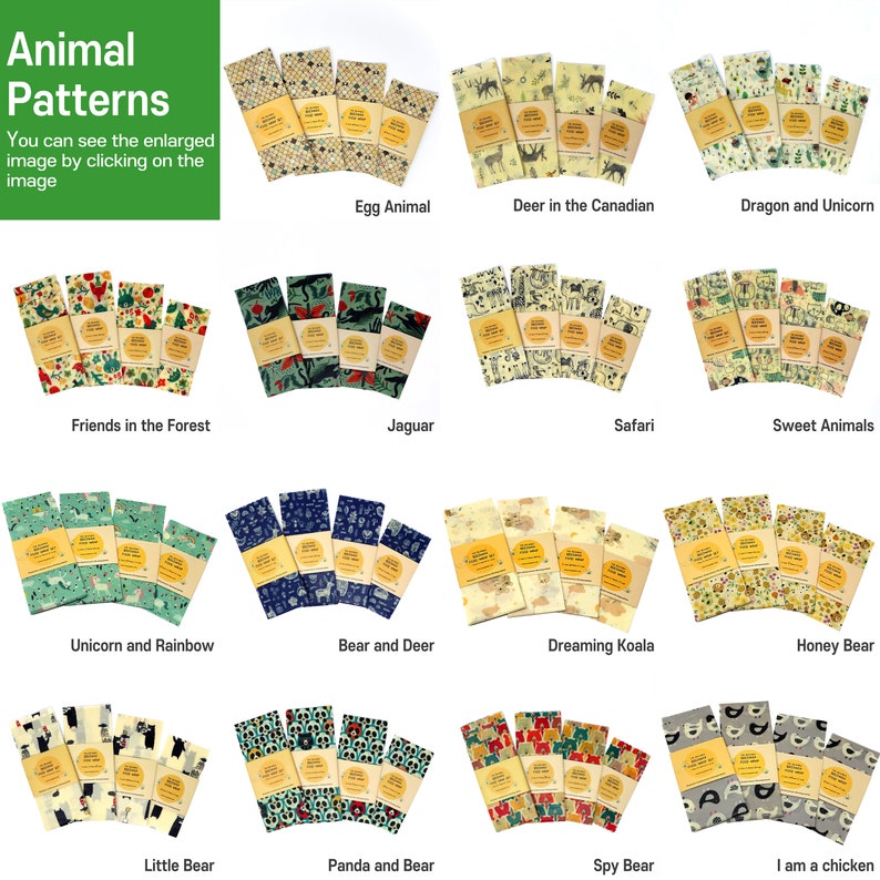 May include: A set of 16 different animal-themed beeswax food wraps. Each wrap features a unique design with colorful illustrations of animals, including a deer, a dragon, a unicorn, a jaguar, a panda, a bear, a koala, and a chicken. The wraps are made of beeswax, cotton, and tree resin, and are reusable and washable.