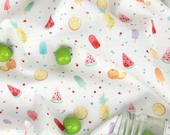 May include: White fabric with a repeating pattern of colorful watermelon slices, ice pops, pineapples, lemons, and oranges. The background is dotted with small colorful dots.