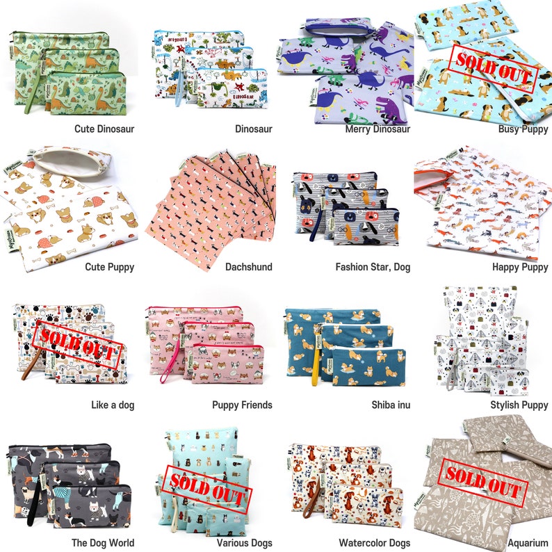 May include: A collage of 15 different zippered pouches featuring various dog and dinosaur designs. The pouches are made of fabric and come in a variety of colors and patterns. Some of the pouches are labeled as "Sold Out".