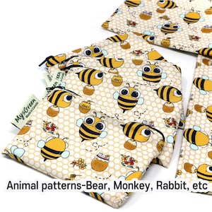 Animal Bear Monkey Rabbit print pouch set Reusable pouch Reusable bag Washable bag Snack Bag Zipper bag Waterproof bag Sandwich Bag Wet bag