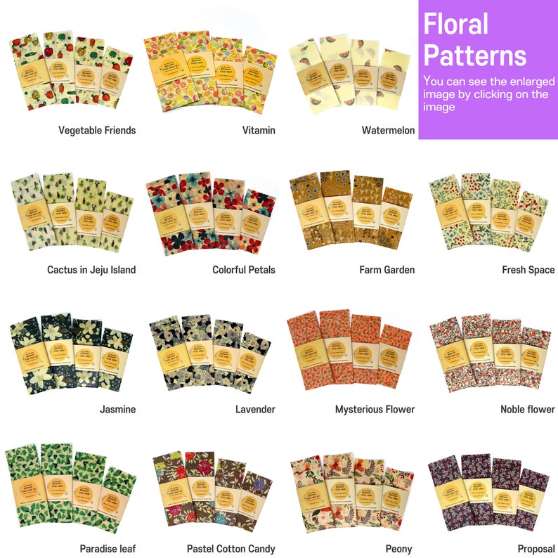 May include: A set of 12 different patterned food wraps, each with a unique design. The wraps are made of beeswax, organic cotton, and tree resin. The designs include floral patterns, fruits, vegetables, and abstract patterns. The wraps are reusable and washable.