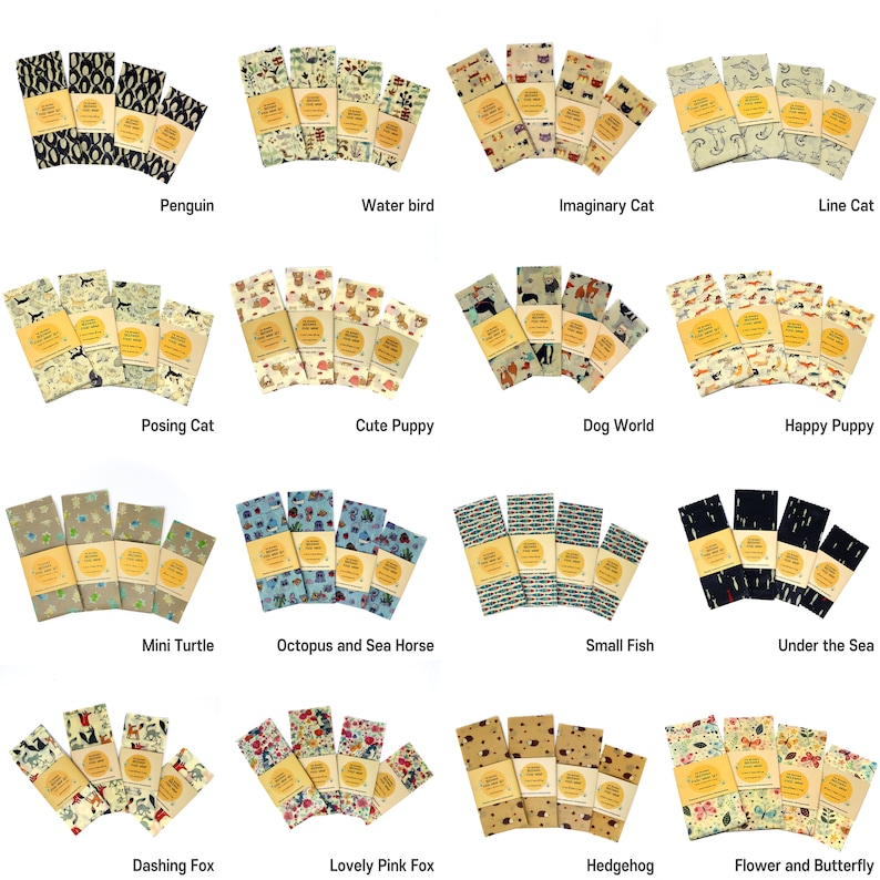 May include: Set of 16 colorful beeswax food wraps with various animal and nature-themed designs. Each wrap features a different pattern, including penguins, water birds, cats, dogs, turtles, seahorses, fish, foxes, hedgehogs, and butterflies.