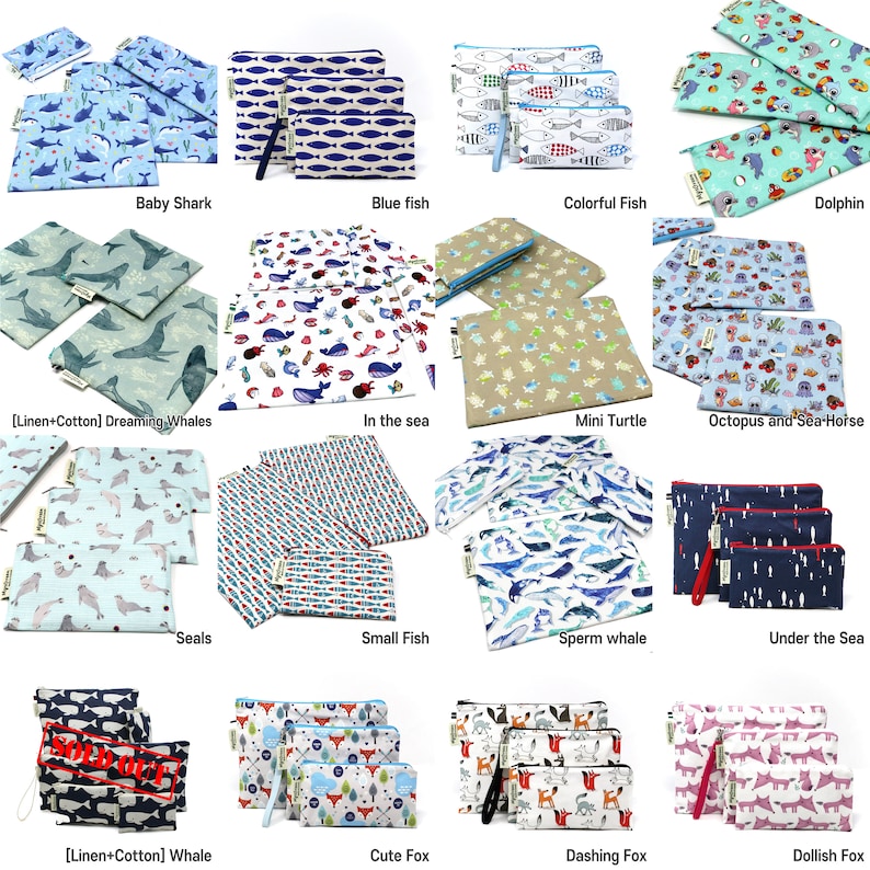 May include: A collection of 15 colorful zippered pouches with various animal and sea life designs. The pouches are made of fabric and have a zipper closure. The designs include baby sharks, blue fish, colorful fish, dolphins, dreaming whales, sea creatures, mini turtles, octopus and seahorses, seals, small fish, sperm whales, under the sea, whales, cute foxes, dashing foxes, and dollish foxes.