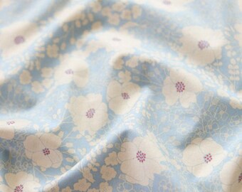 May include: A light blue fabric with a white floral pattern. The flowers have a pink center.