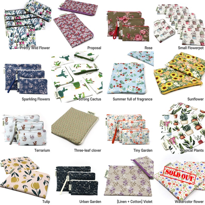 May include: A collection of 12 different reusable zippered pouches with various floral and nature-themed designs. The pouches are made of fabric and have a zipper closure. The designs include flowers, cacti, sunflowers, and more.