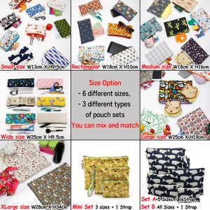May include: Six different sizes of zippered pouches in various colorful patterns. The pouches are made of fabric and have a zipper closure. The text "Size Option" is written in black on a white background. The text reads: "6 different sizes, 3 different types of pouch sets. You can mix and match."
