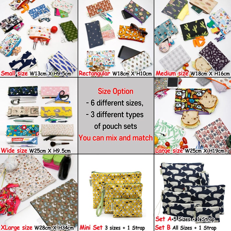 May include: Six different sizes of zippered pouches in various colorful patterns. The pouches are made of fabric and have a zipper closure. The text "Size Option" is written in black on a white background. The text reads: "6 different sizes, 3 different types of pouch sets. You can mix and match."