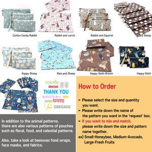 May include: A collection of colorful reusable fabric pouches with various animal and nature-themed prints, including cotton candy rabbit, rabbit and carrot, rabbit and squirrel, baby sheep, happy sheep, sloth in the zoo, rain and sheep, happy sloth-brown, and happy sloth. The image also includes text that says "How to Order" and instructions on how to select the size and quantity of pouches, as well as how to mix and match different patterns.