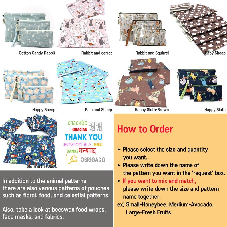May include: A collection of colorful reusable fabric pouches with various animal and nature-themed prints, including cotton candy rabbit, rabbit and carrot, rabbit and squirrel, baby sheep, happy sheep, sloth in the zoo, rain and sheep, happy sloth-brown, and happy sloth. The image also includes text that says "How to Order" and instructions on how to select the size and quantity of pouches, as well as how to mix and match different patterns.