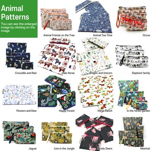 May include: A collection of 12 different animal-themed zippered pouches. Each pouch features a unique design with various animals, including horses, elephants, deer, and more. The pouches are available in a variety of colors and patterns.