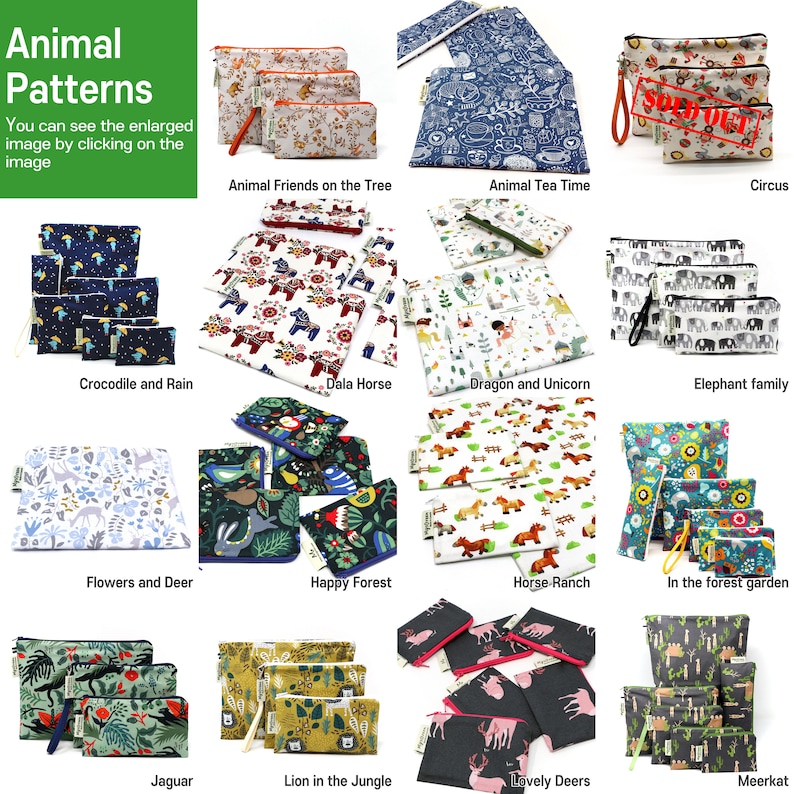 May include: A collection of 12 different animal-themed zippered pouches. Each pouch features a unique design with various animals, including horses, elephants, deer, and more. The pouches are available in a variety of colors and patterns.