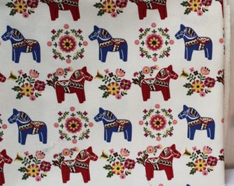 Dala Horse printed Cotton Fabric by the yard, 110cm wide, Cute Animal pattern, Free Shipping, cotton material, Sewing, DTP fabric, Crafting