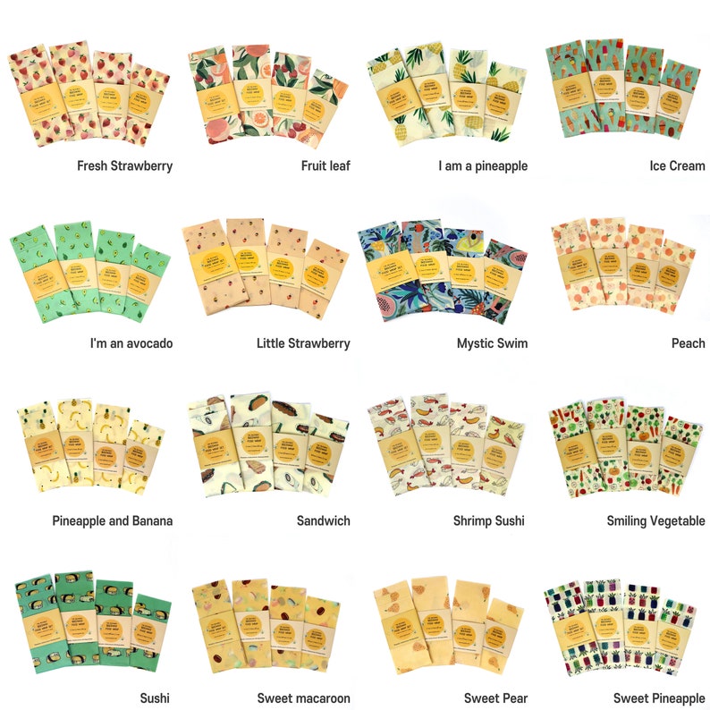 May include: Set of 16 reusable food wraps with various colorful designs and patterns. The wraps feature different fruits, vegetables, and other designs, such as pineapples, strawberries, and avocados. The wraps are made of beeswax, jojoba oil, and tree resin.
