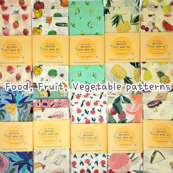 Food Patterns Emballages alimentaires en cire d'abeille, Emballage alimentaire réutilisable, Emballage ciré, Papier ciré, Emballage lavable, Zéro déchet, Cadeau, Impression de fruits et légumes, Lot de 3