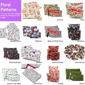 May include: A collage of 12 different floral patterned zippered pouches. The pouches are arranged in four rows of three. Each pouch has a different floral pattern, including a variety of flowers, leaves, and other botanical designs. The pouches are all made of a soft, durable fabric and are perfect for storing small items like makeup, jewelry, or electronics.