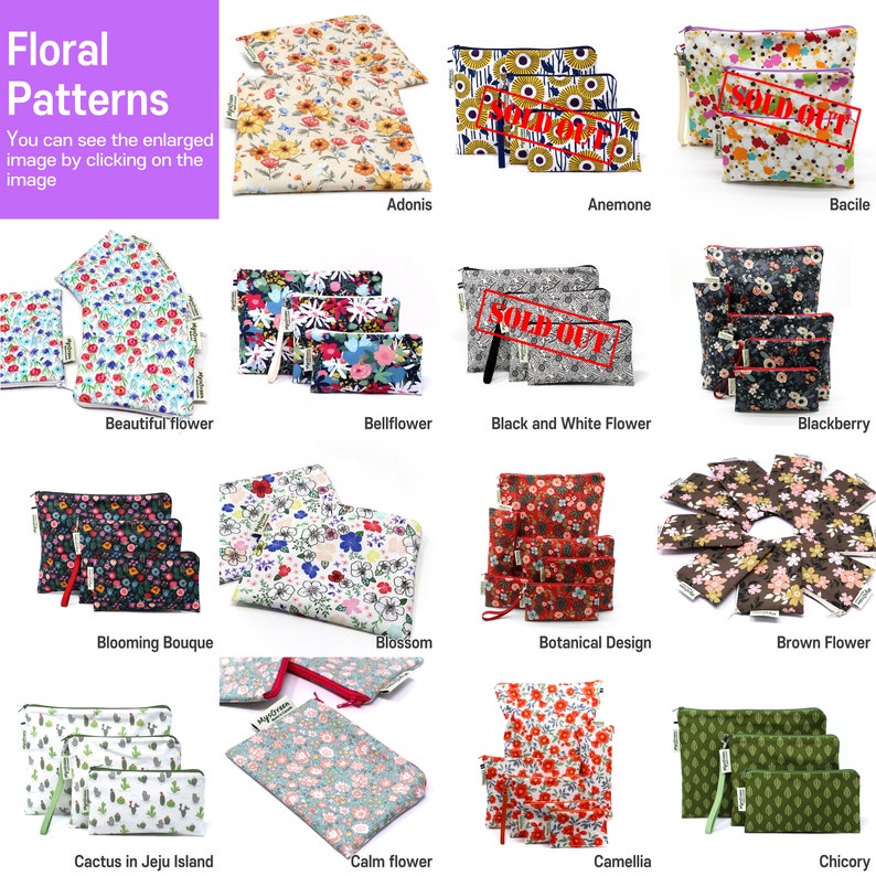 May include: A collage of 12 different floral patterned zippered pouches. The pouches are arranged in four rows of three. Each pouch has a different floral pattern, including a variety of flowers, leaves, and other botanical designs. The pouches are all made of a soft, durable fabric and are perfect for storing small items like makeup, jewelry, or electronics.