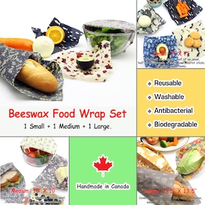 May include: A set of three beeswax food wraps in different sizes: small, medium, and large. The wraps are reusable, washable, antibacterial, and biodegradable. The wraps are made in Canada and are shown wrapped around various foods, such as a baguette, a bowl of salad, and a sandwich.