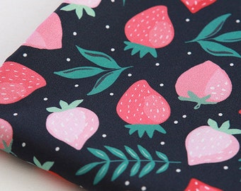 May include: A dark blue fabric with a repeating pattern of pink and red strawberries, green leaves, and white dots.