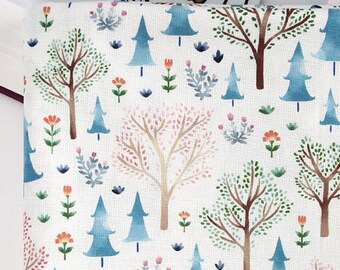 May include: White fabric with a repeating pattern of blue and brown trees, pink and green flowers, and blue pine trees.