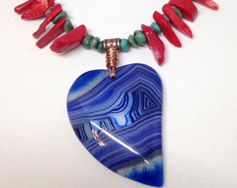 Heart onyx agate, turquoise, coral, and glass necklace