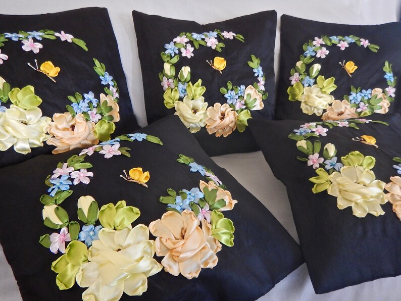 16by 16 Inch ribbon embroidery cushion covers. Etsy