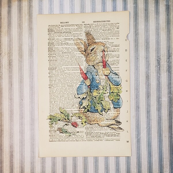 Vintage Peter Rabbit Print on a Vintage  Dictionary Page, Vintage Peter Rabbit, Kids Room, Baby Shower, Nursery, Print, Wall Art