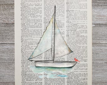 Vintage Sailboat & Cardinal Print on a Vintage Dictionary Page, Vintage Art, Wall Art, Vintage Print, Dictionary Print, Vintage Paper