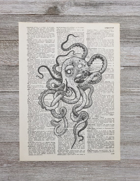 Kraken Print on a Vintage Dictionary Page Sea Monster Etsy