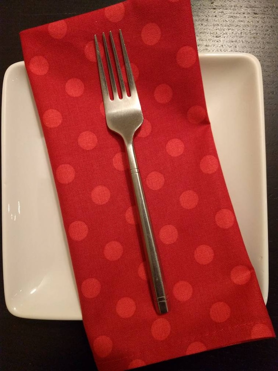 Red Polka Dot Fun Christmas Napkins - Red with Large Lighter Red Polka Dots 100 Percent Cotton Cloth Washable Single Sided - Set of 4