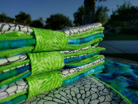 Set of Baby Burp Clothes Extra Soft and Large Turquoise & Green Watercolors with White/Black Floral Print Backed with Minky (Set of 2)