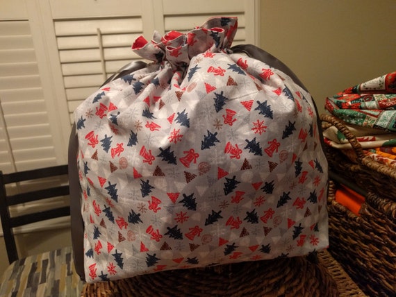 Christmas Holiday Fabric Drawstring Cinch Gift Bags - Christmas Trees and Bells on Gray Size Large!!