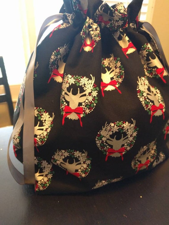 Drawstring Gift Cinch Cloth Reusable Bag Reindeer - Black with Wreaths and Silver Reindeer Different Sizes to Choose From!!