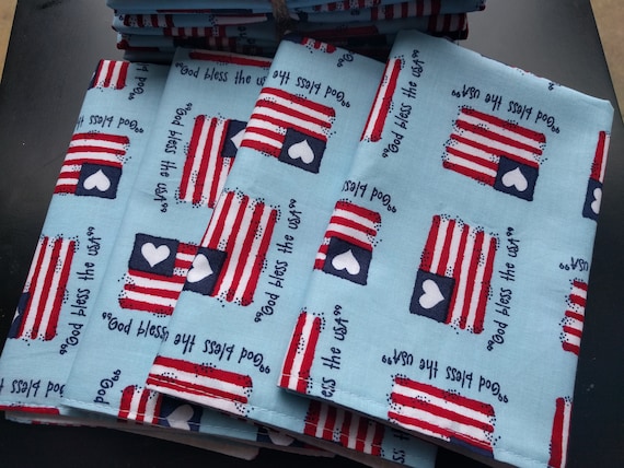 Reversible Fourth of July Independence Day July 4th Picnic God Bless the USA Reusable Washable Cotton Napkins (12" x 12") Set of 4