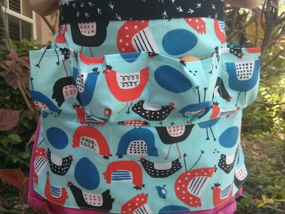 Egg Apron One Size Kids - Farm Collecting Harvesting Multi Purpose Apron in 2 Different Modern Chicken Prints with Chicken Footprints!