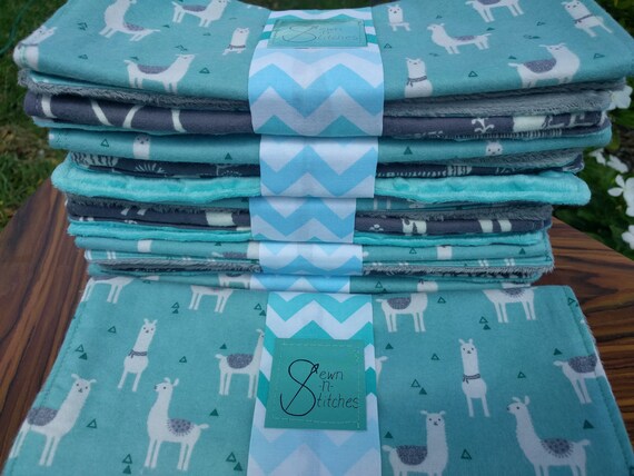 Set of Baby Burp Clothes Extra Soft and Large Turquoise, Gray and White Alpacas and Llamas Backed with Minky (Set of 2)