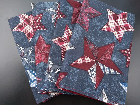Reversible Independence Day July 4th Picnic Patchwork Stars and Patriotic Phrases Reusable Washable Cotton Napkins Set of 6