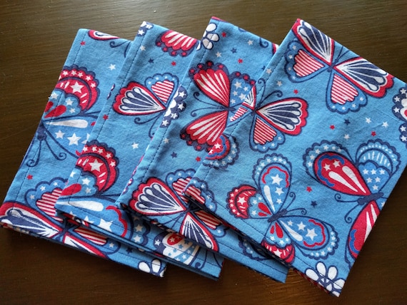 4th of July Independence Day Napkins - Red, White & Blue Butterflies (Washable, Reusable, 100% Cotton) Choose Your Amount!!!