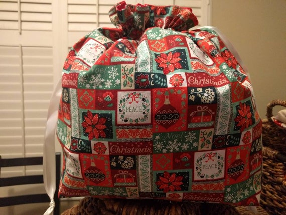 Christmas Holiday Fabric Drawstring Cinch Gift Bags - Red & Green Patchwork Traditional Peace Noel Christmas Size Large!!
