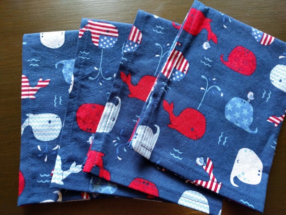 SALE!! 4th of July Independence Day Napkins - Red, White & Blue Whales (Washable, Reusable, 100% Cotton) Choose Your Amount!!!!