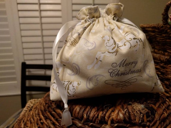 Drawstring Gift Cinch Cloth Reusable Bag Christmas Reindeer - White, Cream and Gold Different Sizes to Choose From!!