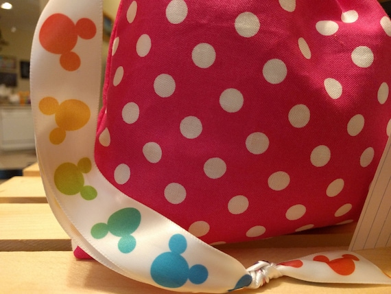 Cloth Reusable Gift Cinch Bag Pink with White Polka Dots - Disney Ears Ribbon!