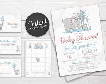 Elephant Baby Shower Invitations Set ⎜ Editable Invite with Canva ⎜ Full-Res & Easy Print Instant Downloads
