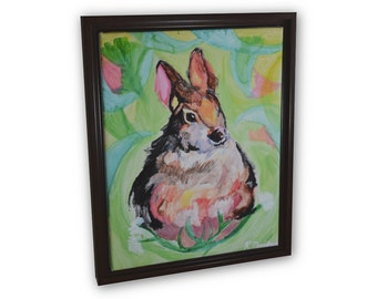 Nursery Art Bunny Painting - Wall Art - Walnut Framed Canvas - 11x14" Stretched Canvas Print