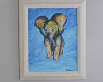 Colorful Elephant Framed Art Animal Painting - Wall Art - Ivory Framed Canvas - Nursery Decor - 11x14" Stretched Canvas Print