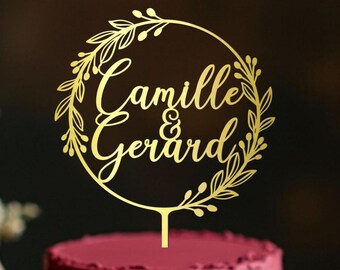 Personalized Wedding Cake Topper With Rustic Wreath, White Cake Toppers for Wedding, Mr and Mrs Cake Topper, Name Gold Silver Black