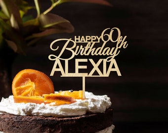 Adorno para tarta de feliz 60 cumpleaños con nombre / Adorno personalizado para tarta de aniversario / Adorno para tarta con número de edad