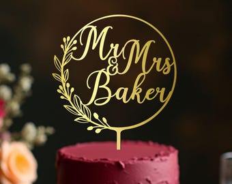 Adorno dorado para pastel de bodas Sr. Sra. Nombre personalizado Novia Novio Decoraciones rústicas para boda
