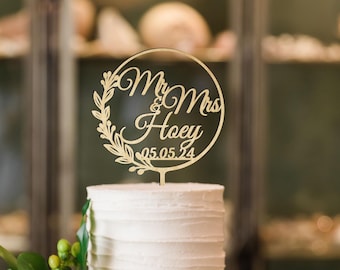Adornos para tartas de boda / Adorno para tarta con nombre personalizado / Corona de madera con hojas y bayas / Decoración floral para bodas / Decoración para tartas de Sr. y Sra.
