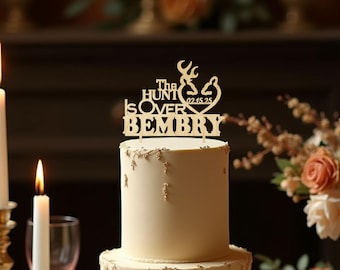 Adornos para tarta de caza, La caza ha terminado, Adorno para tarta de novios, Adorno para tarta rústico negro, Datos de nombre personalizados