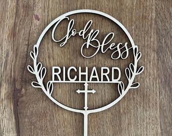 God bless cake topper, First Communion Cake topper, Gold Silver Rose gold mirror Wreath Christening cake topper, Baptism cake topper